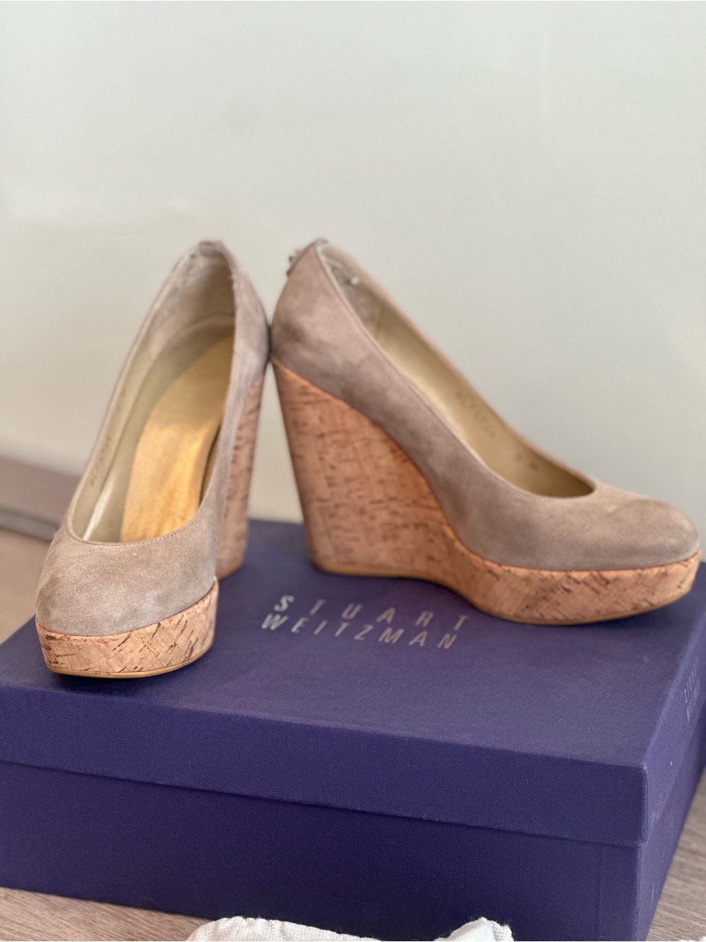 Stuart Weitzman Taupe Suede Cork Wedge Pumps. Pre owned. Size 6.